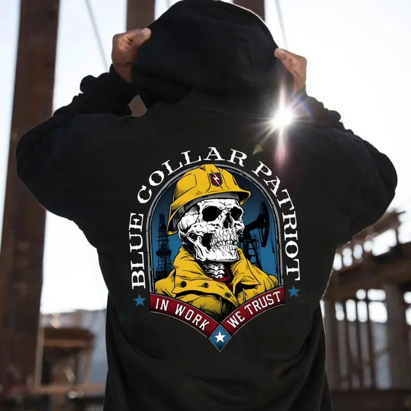 Blue Colar Patriot Work We Trust Yellow Skeleton Back Side Printed Dirty Hands Honest Money Howitzer Patriot Streetwear Workwear T-Shirts, Hoodie, Sweatshirt