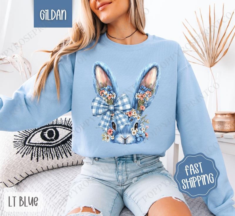 Blue Floral Bunny Sweatshirt, Easter Crewneck, Trendy Bunny Women's Sweater, Gift for Her T-Shirts, Hoodie | HypeDripTees.com