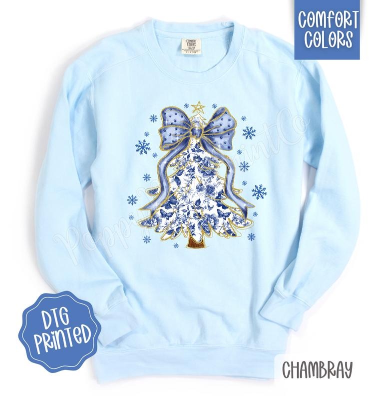 Blue Floral Christmas Tree Comfort Colors Sweatshirt, Trendy Holiday Women's Crewneck T-Shirts, Hoodie | HypeDripTees.com