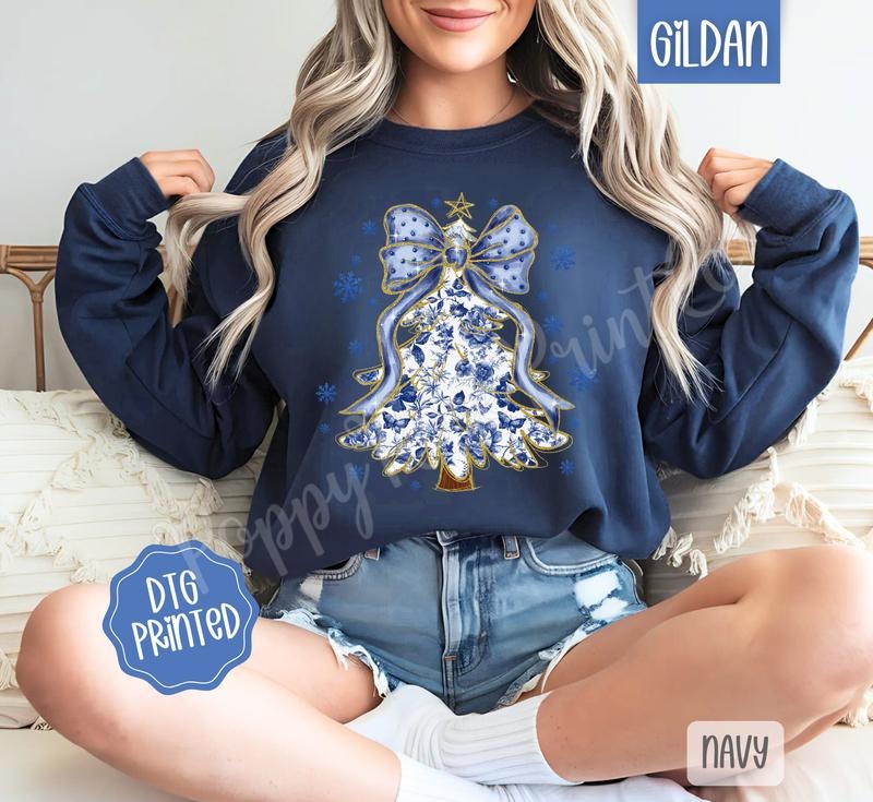 Blue Floral Christmas Tree Sweatshirt, Trendy Holiday Women's Crewneck T-Shirts, Hoodie | HypeDripTees.com