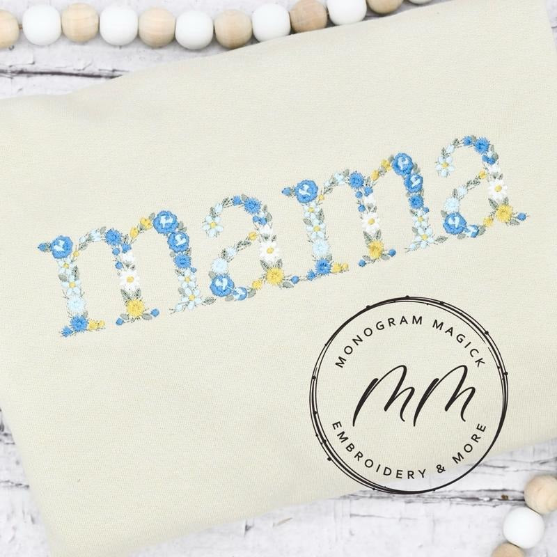 Blue Floral Mama Sweatshirt Embroidered T-Shirts, Hoodie | HypeDripTees.com