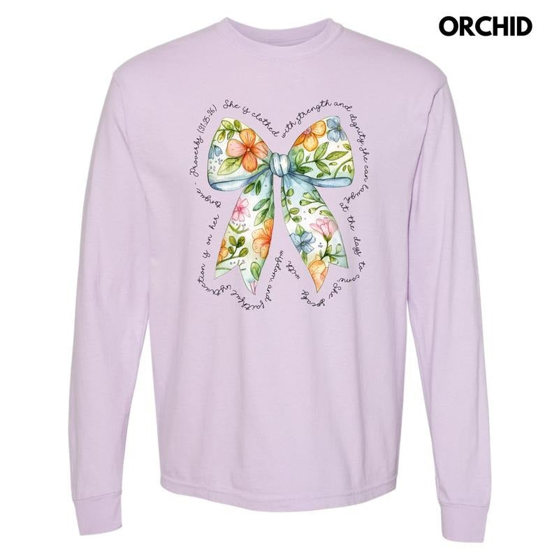 Blue Floral Proverbs Bow Long Sleeve Comfort Colors T-Shirt 'NLB' Hoodie, Sweatshirt | HypeDripTees.com