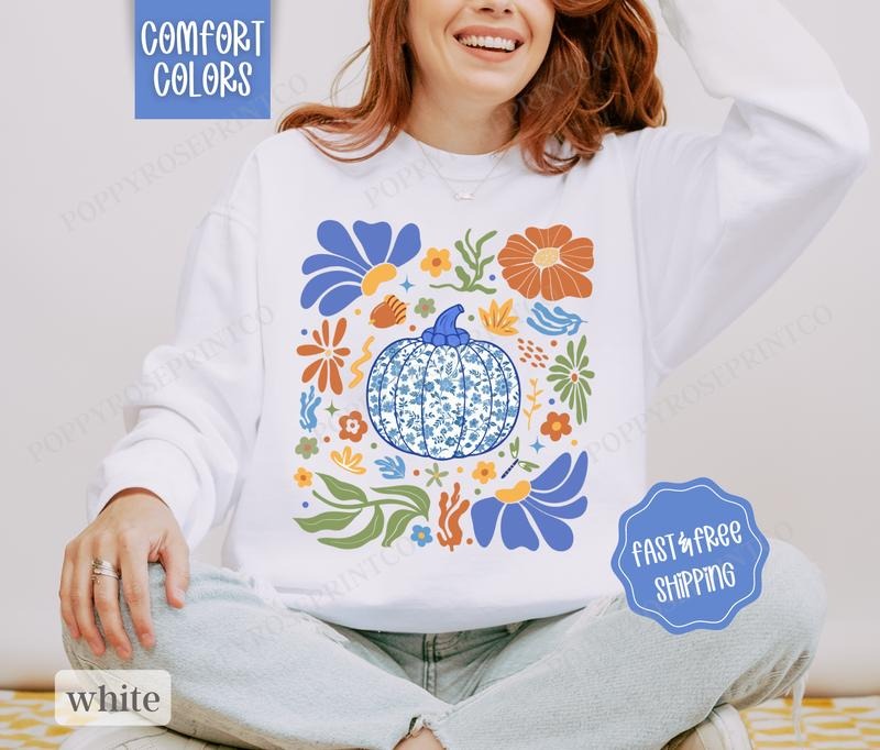 Blue Floral Pumpkin Sweatshirt Comfort Colors, Fall Sweater Womenswear Autumn Crewneck T-Shirts, Hoodie | HypeDripTees.com
