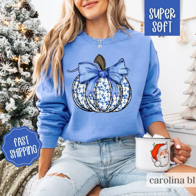Blue Floral Pumpkin Sweatshirt, Pumpkin Season Sweater, Comfy Fall Sweatshirt for Women T-Shirts, Hoodie | HypeDripTees.com