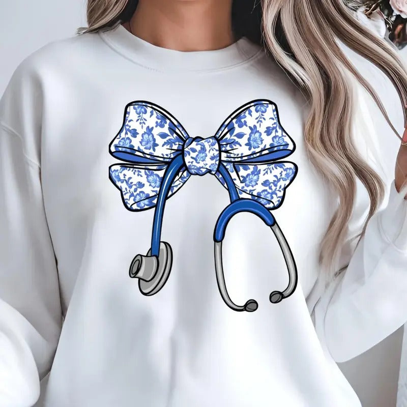 Blue Floral Stethoscope Bow, Nurse Shirt, Nursing Crewneck, Registered Nurse Shirt, Nurse Week Shirt, Graduation Gift For...