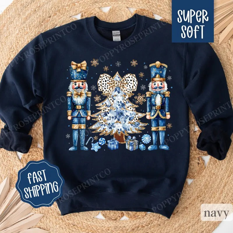 Blue Nutcracker Christmas Sweatshirt, Christmas Sweater, Women's Holiday Crewneck T-Shirts, Hoodie | HypeDripTees.com