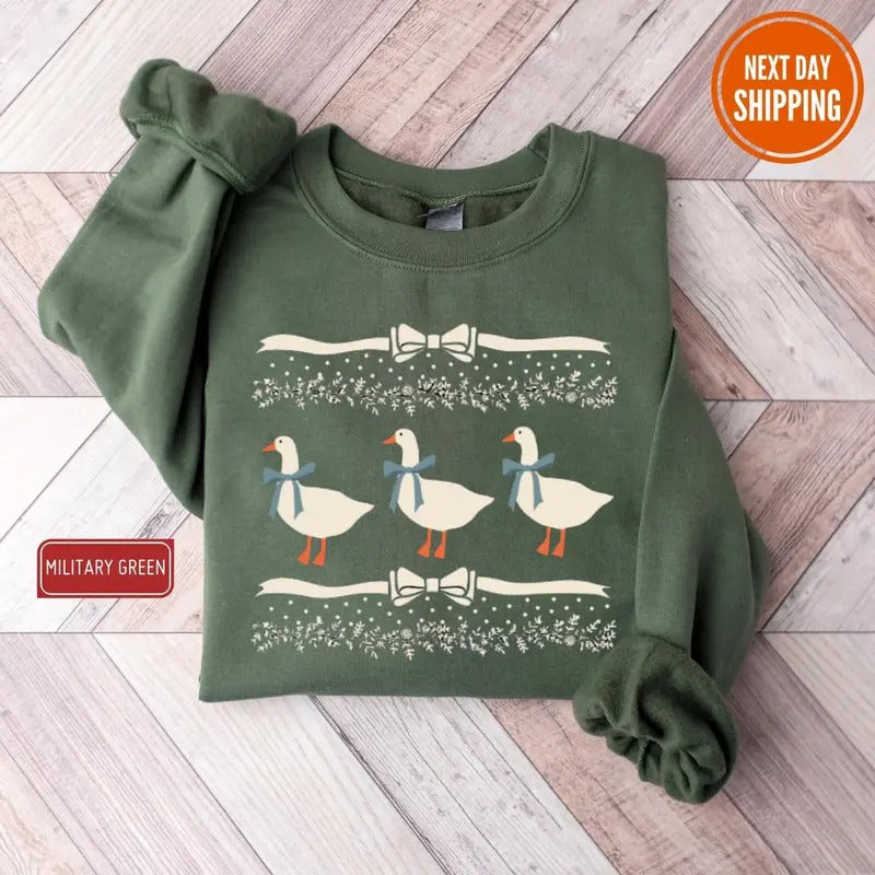 Blue Ribbon Goose Ugly Sweater, Cute Coquette Bows and Adorable Doodle Hearts Hoodie, 0s Aesthetic Soft Girl Style...