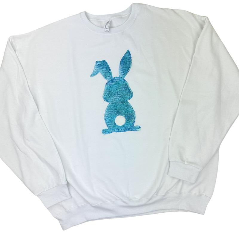 Blue Sequin Bunny Patch Sweatshirt -- WHITE T-Shirts, Hoodie | HypeDripTees.com