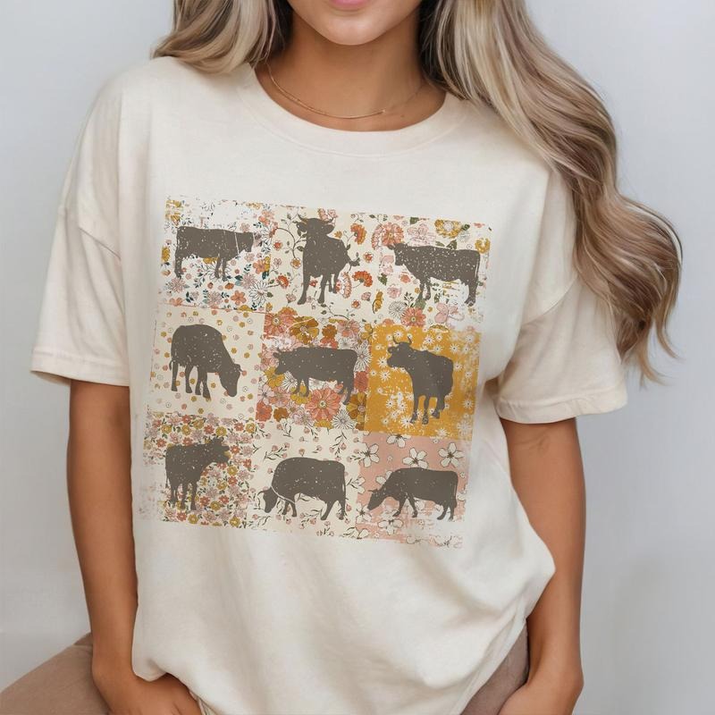 Boho Cows Flower Shirt, Funny Cow Shirt, Vintage Comfort Shirt for Women, Vintage Animal Tee, Lover Farmer Gifts, Crazy...