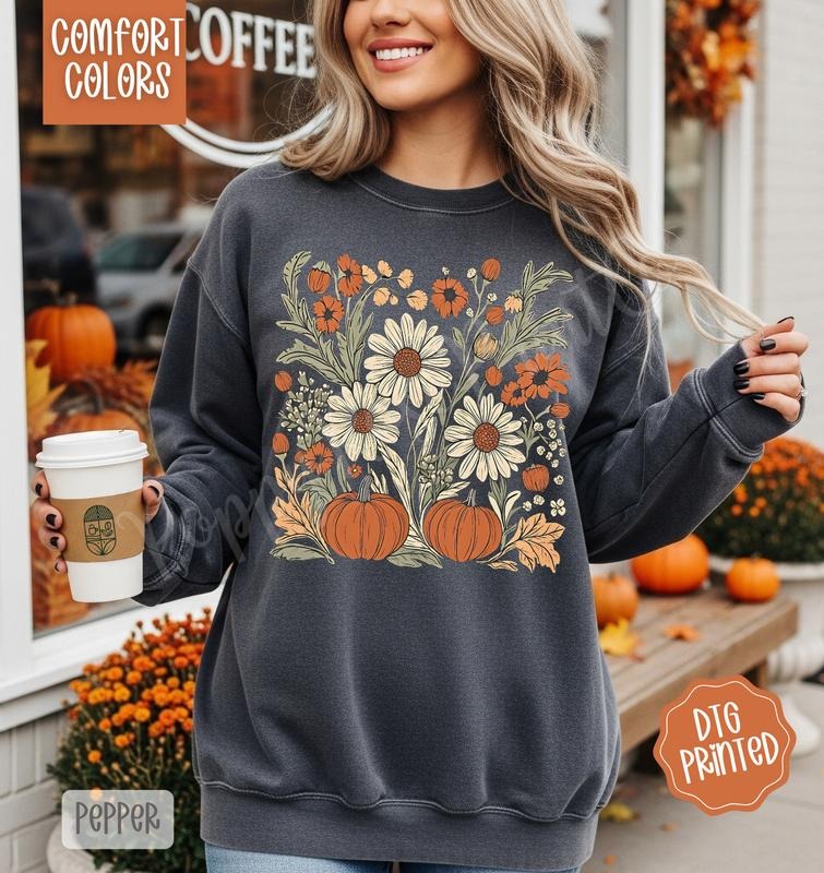 Boho Fall Floral Comfort Colors Sweatshirt, Trendy Women's Autumn Crewneck T-Shirts, Hoodie | HypeDripTees.com