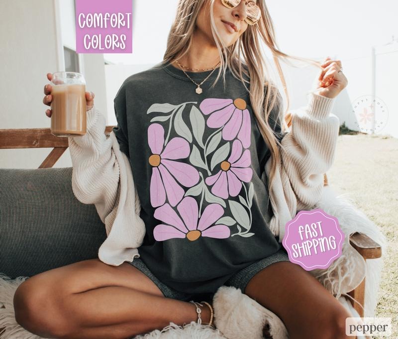 Boho Floral 2 Shirt Comfort Colors, Wildflower Tshirt, Boho Tee, Oversized Women's Shirt, Floral Abstract Tee Hoodie,...