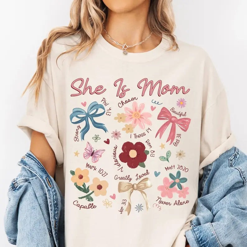 Boho Floral Mama T-shirt, She is Mom Graphic Tee, Mothers Day, Christian Mama, Floral Spring, Bible Verse, Mama...