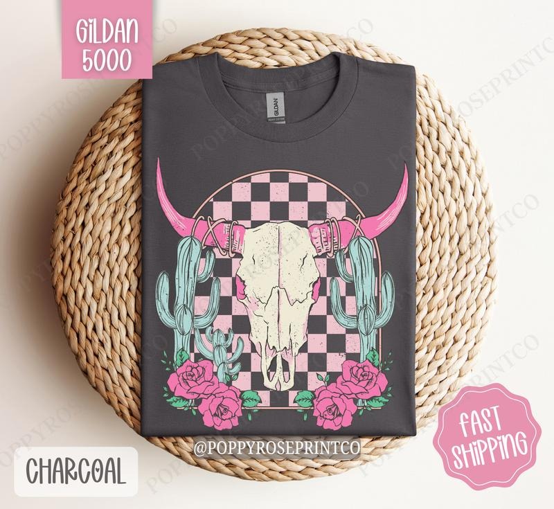 Boho Floral Skull Shirt Gildan, Desert Cow Floral Tshirt, Western Shirts Hoodie, Sweatshirt | HypeDripTees.com