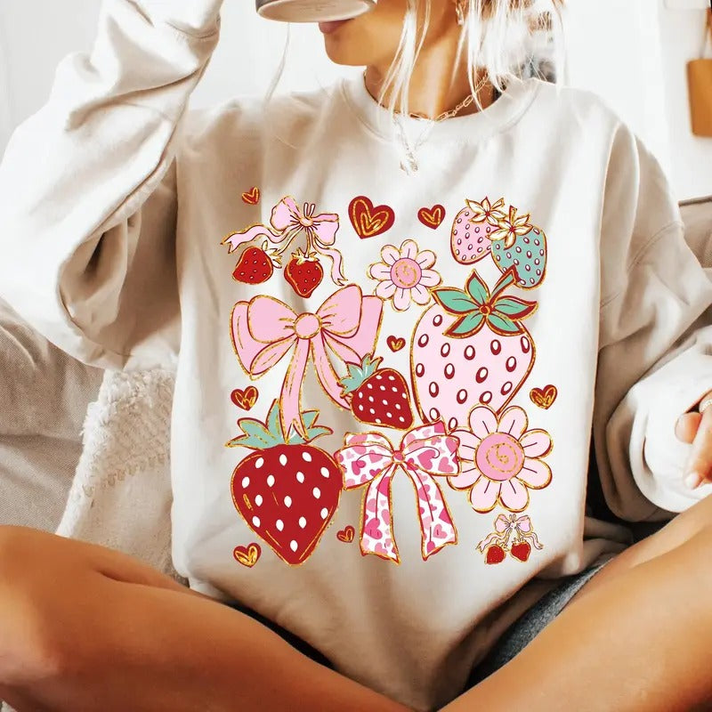 Boho Strawberry Coquette Shirt, Preppy Strawberries Shirt, Strawberry Festival Summer Shirt, Floral Strawberry Shirt,...