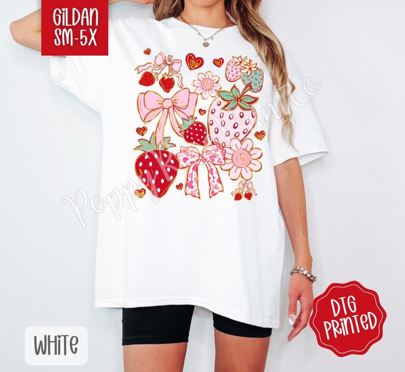 Boho Strawberry Shirt Gildan, Women's Coquette Floral Tee, Trendy Fruit Tshirt Plus Sizes Hoodie, Sweatshirt