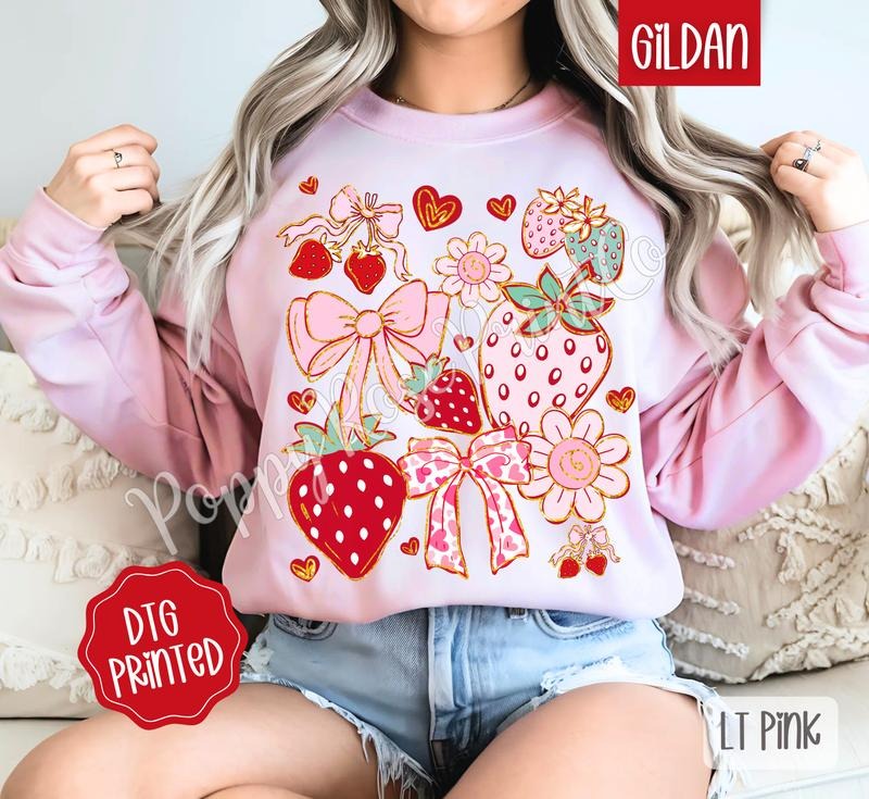 Boho Strawberry Sweatshirt, Cute Women's Coquette Floral Sweater, Trendy Fruit Crewneck, Gift for Her T-Shirts, Hoodie