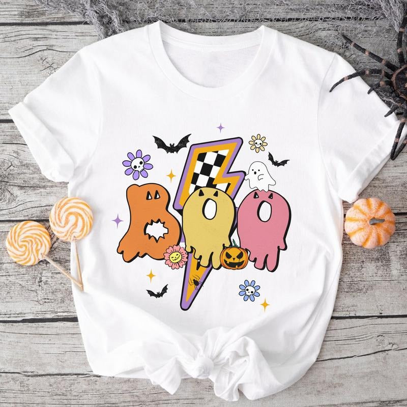 Boo Halloween Shirt Retro Spooky Season Shirt Trick or Treat Spooky Vibes Shirt Cute Halloween Fall Shirt Gift for Her...