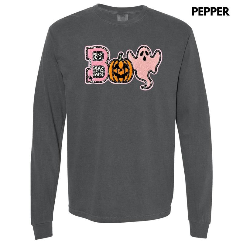 Boo Spider Pumpkin Ghost Chenille Patch Long Sleeve Comfort Colors T-Shirt Hoodie, Sweatshirt | HypeDripTees.com