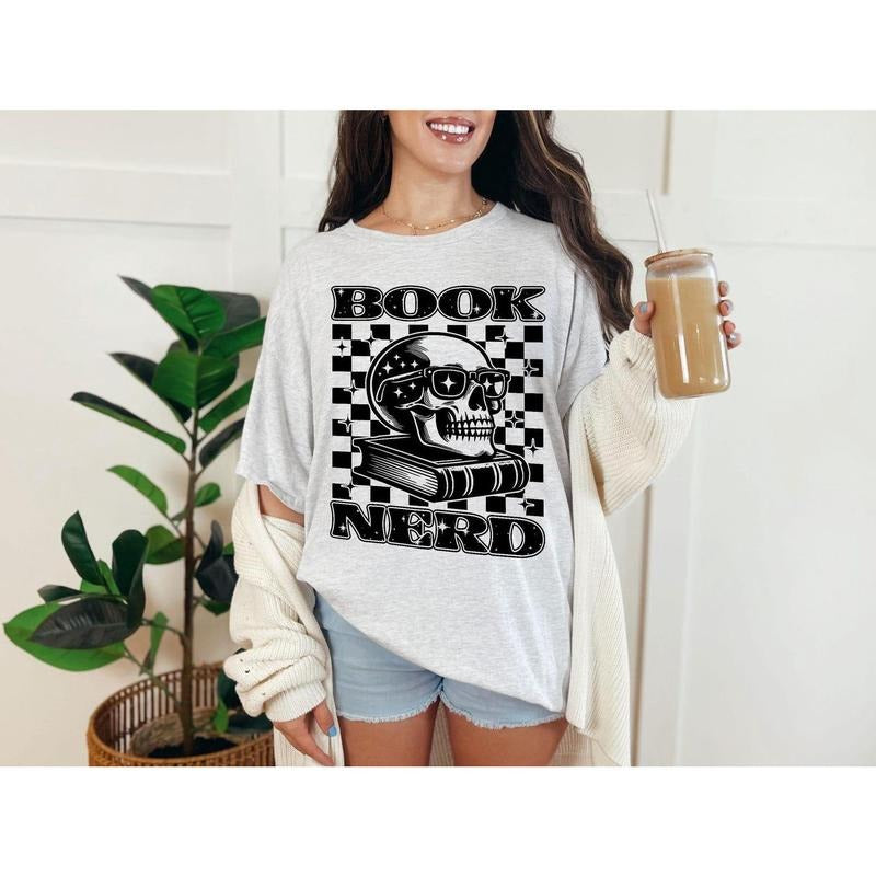 Book Nerd Skull Shirt, Aesthetic Retro Reader Tee, Gothic Literature Lover Shirt, Spooky Bookworm Gift, Vintage Academia...