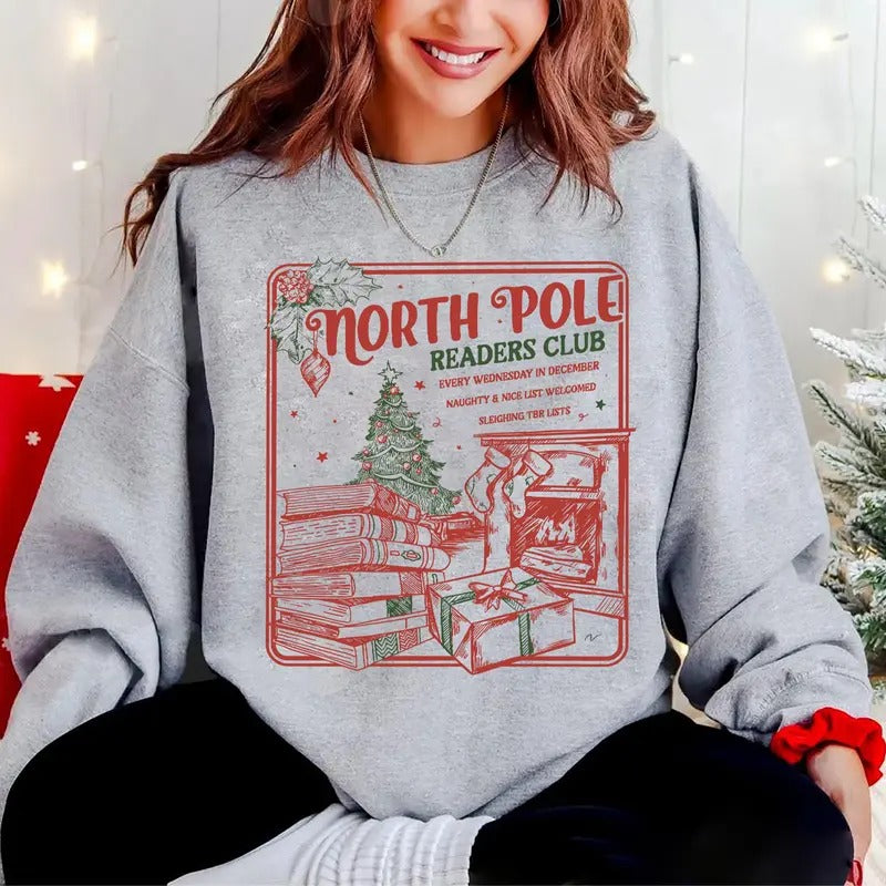Bookish Christmas Sweatshirt, North Pole Book Club Santa Shirt, Book Lover Christmas Sweater, Retro Book Worm Shirt,...