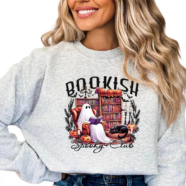 Bookish Ghouls Sweatshirt - Ghost Reading in Library Design | Dark but Cute Halloween Vibes | Cozy & Stylish Sweatshirt...