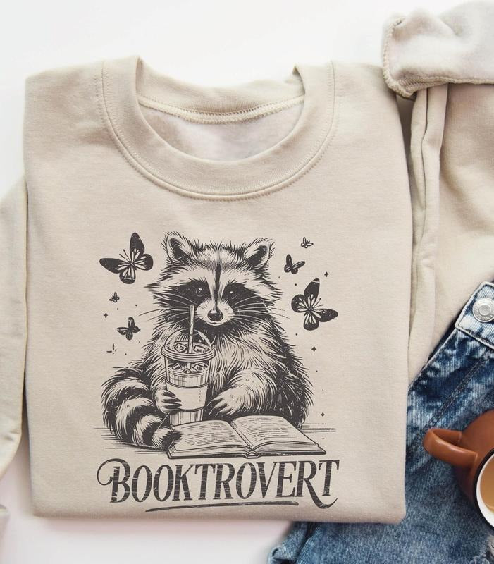 Booktrovert Sweatshirt, Book Lover Gifts, Reading Raccoon Shirt, Funny Raccoon Bookish Sweatshirt Casual Classic Cotton...