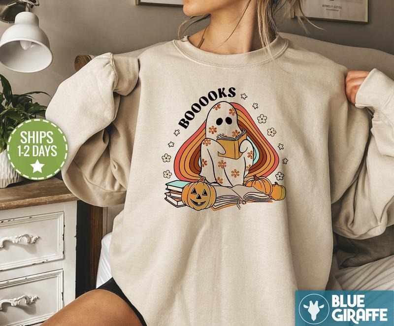 Booooks Cotton Sweatshirt, Spooky Crewneck Sweatshirt, Book Crewneck, Reading Sweatshirt, T-Shirts, Hoodie | HypeDripTees.com
