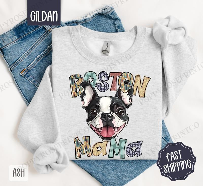Boston Terrier Mama Sweatshirt, Women's Crewneck, Cute Dog Mom Women's Sweatshirt T-Shirts, Hoodie | HypeDripTees.com
