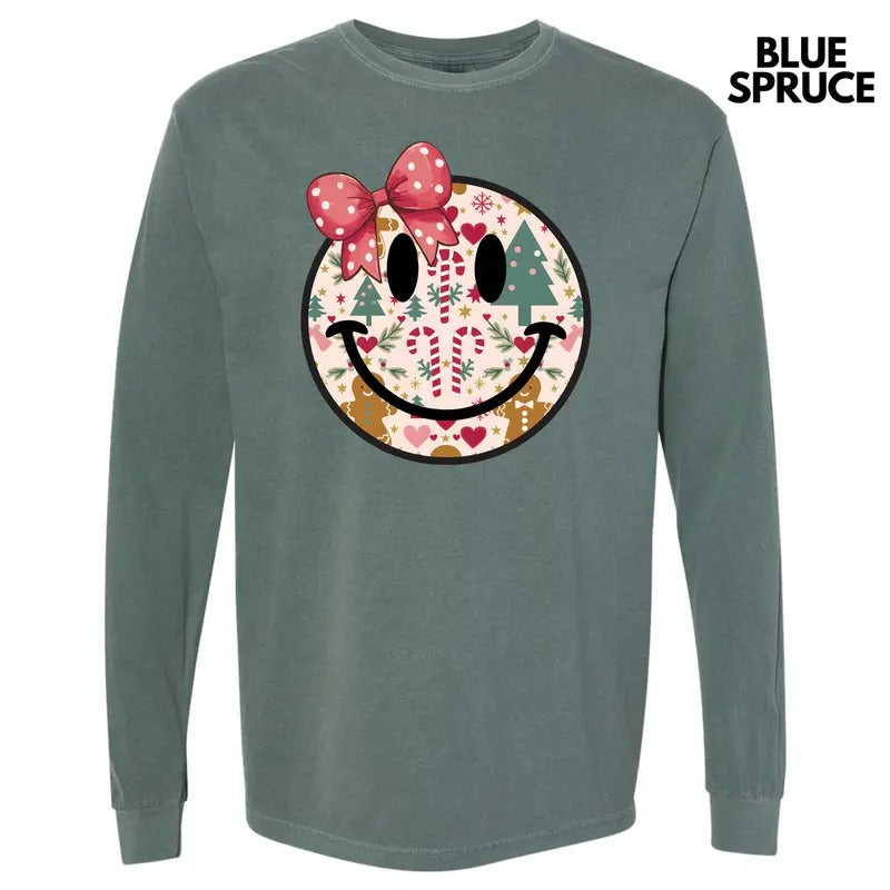 Bow Christmas Happy Face Long Sleeve Comfort Colors T-Shirt 'NLB' Hoodie, Sweatshirt | HypeDripTees.com