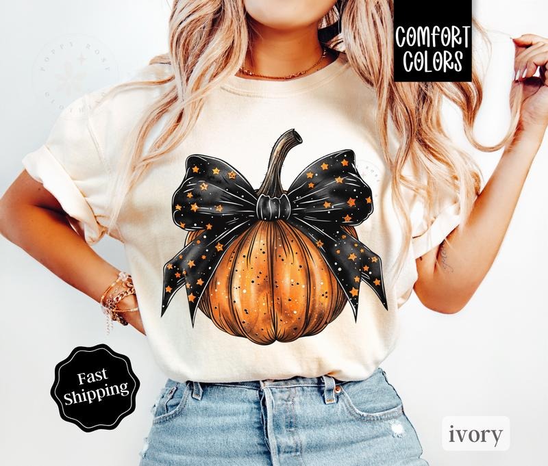 Bow Pumpkin Shirt Comfort Colors, Fall Tshirt, October Vibes Shirt for Women Oversized Crewneck Tee Hoodie, Sweatshirt