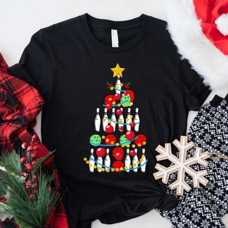 Bowling Christmas Tree Shirt, Bowling Lover Xmas Gift Tee, Unisex Bowling Player Holiday Tee, Bowling Ball Christmas...
