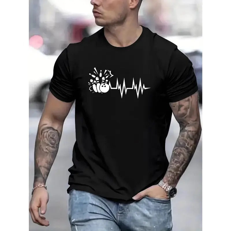 Bowling Graphic Print Men's Short Sleeve Crew Neck T-Shirts, Comfy Breathable Casual Stretchable Tops, Men's Clothings...