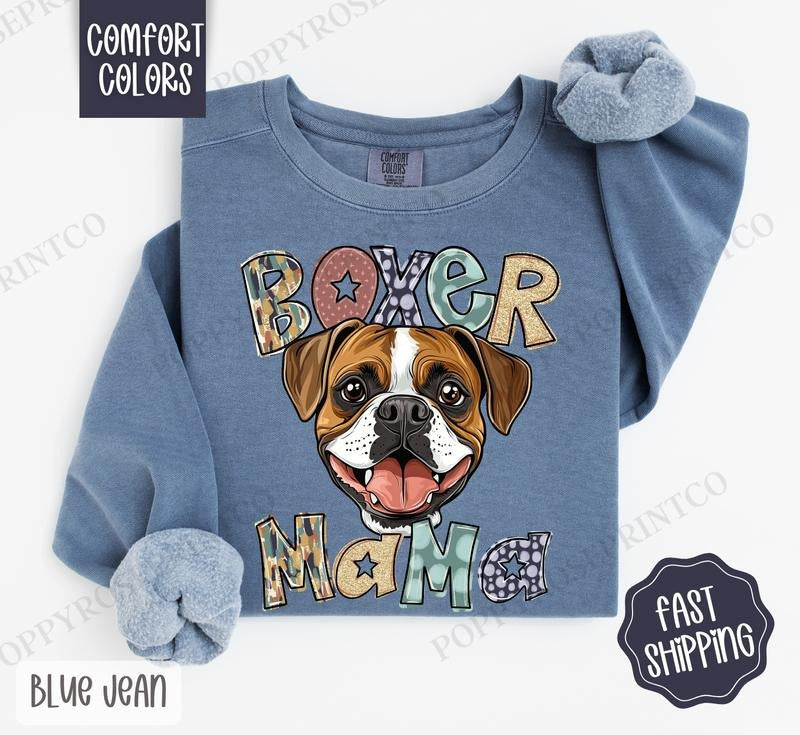 Boxer Mama Comfort Colors Sweatshirt, Mama Women's Crewneck, Cute Dog Mom Women's Sweater T-Shirts, Hoodie | HypeDripTees.com