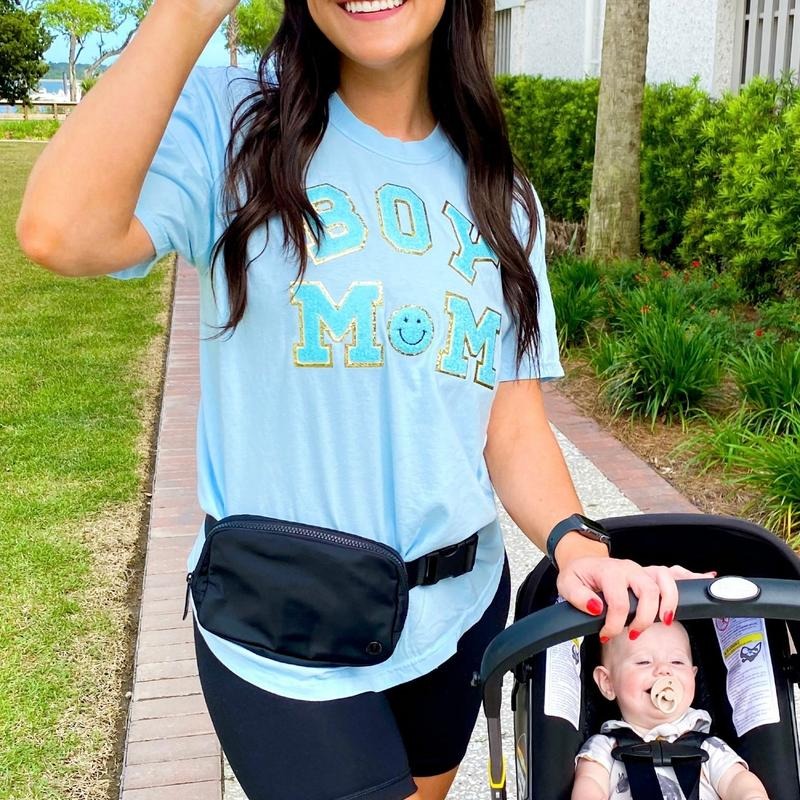 'Boy Mom' Letter Patch T-Shirt Hoodie, Sweatshirt | HypeDripTees.com