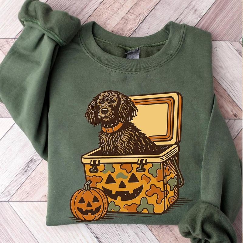 Boykin Spaniel Halloween Sweater, Dog in Camo Cooler with Pumpkin Face Tee, Fall Hunting Dog Shirt, Southern Spooky...