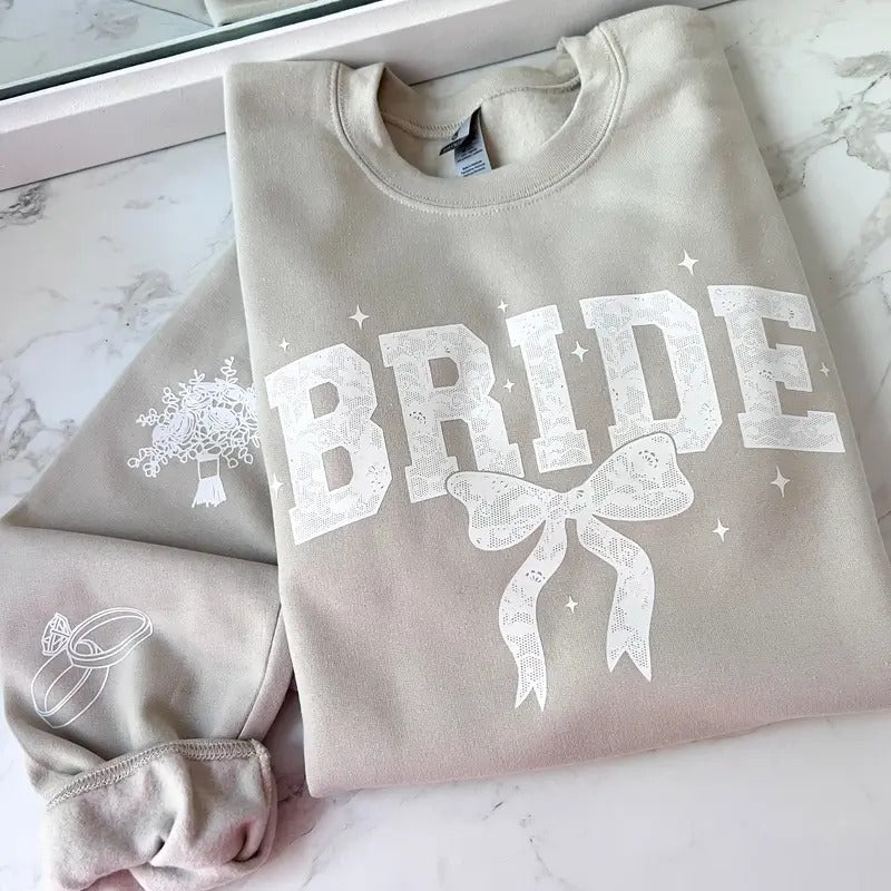 Bride Lace Bow Sweatshirt or Hoodie with sleeve prints Comfy Unisex Tops T-Shirts | HypeDripTees.com