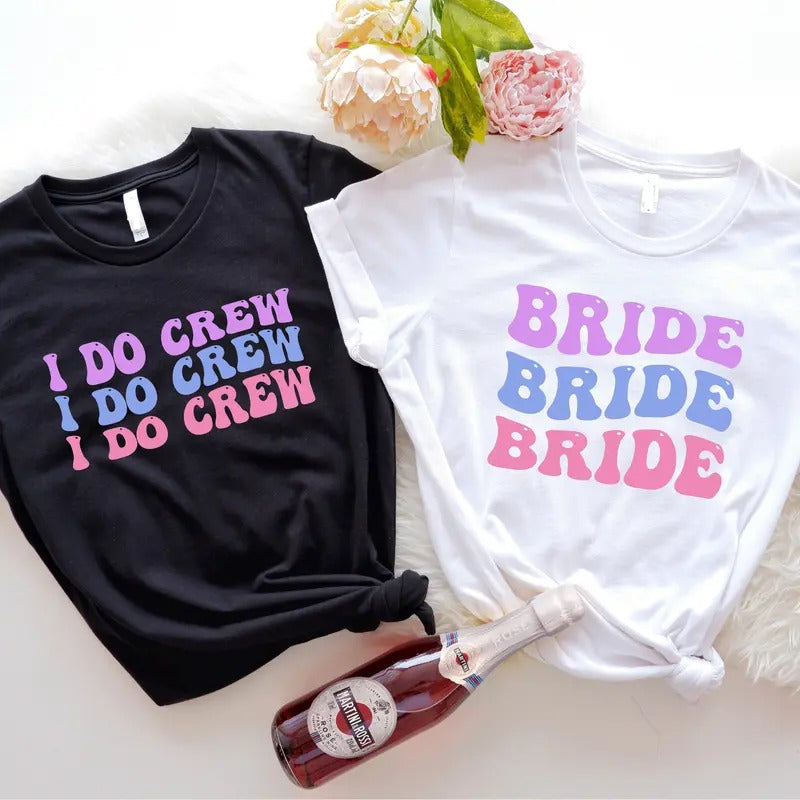 Bride Shirt, I Do Crew T-shirt, Retro Bachelorette Shirt, Matching Bridesmaid Tee, Wavy Bridal Shower Short Sleeve,...