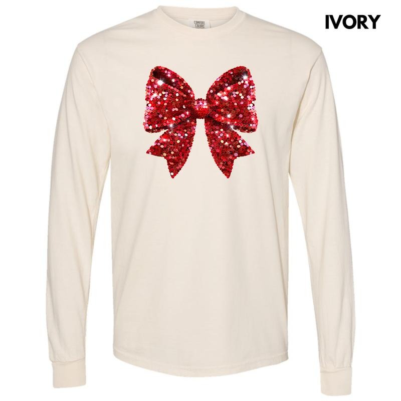 Bright Red Faux Sequin Bow Long Sleeve Comfort Colors T-Shirt 'NLB' Hoodie, Sweatshirt | HypeDripTees.com