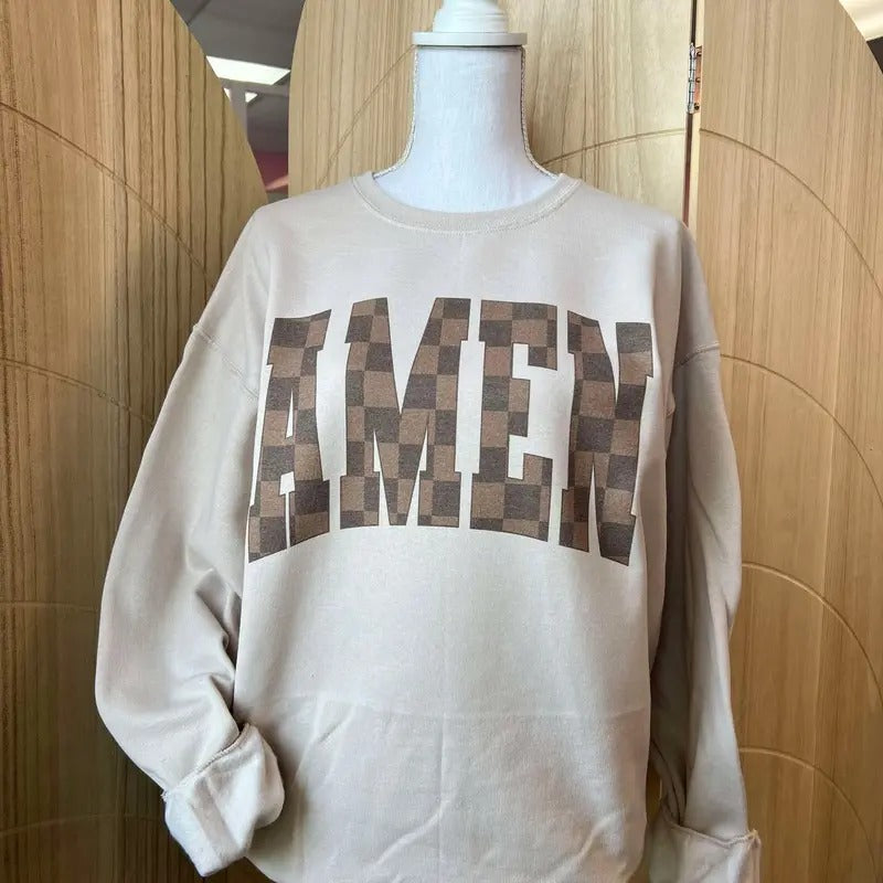 Brown Checkered AMEN Sweatshirt or TShirt- Christian Apparel Hoodie | HypeDripTees.com