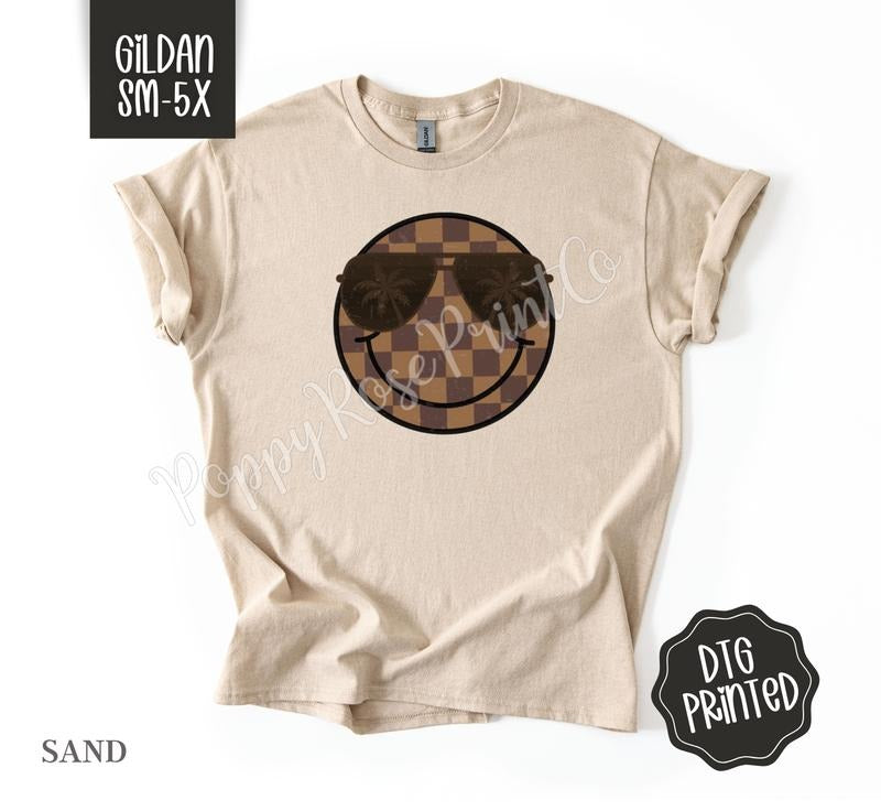 Brown Checkered Smiley Gildan Tshirt , Summer Tee, Cute Women's Shirt, Gift For Her Hoodie, Sweatshirt | HypeDripTees.com
