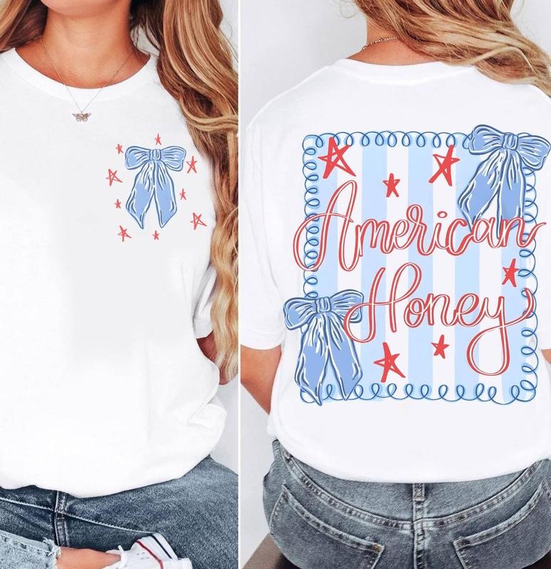 Brushtroke American Honey Flag Coquette Bows 2 Sided Shirt Red White Blue USA Independence Fourth July Shirt Memorial Day T-Shirts, Hoodie, Sweatshirt