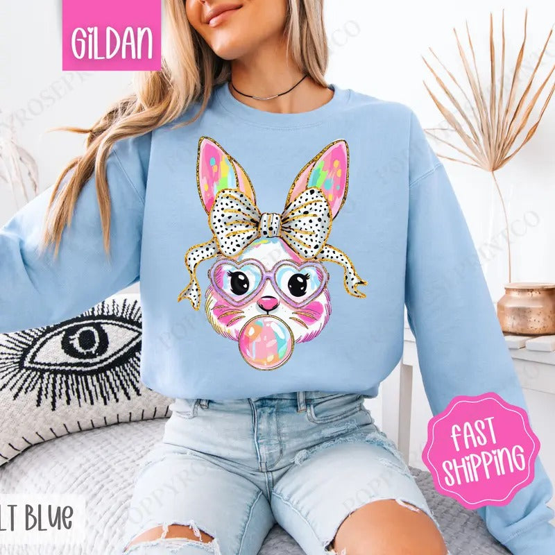 Bubble Bunny Sweatshirt, Easter Crewneck, Trendy Bunny Women's Sweater, Gift for Her T-Shirts, Hoodie | HypeDripTees.com