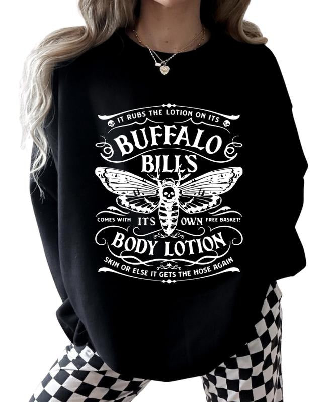 Buffalo Bill Sweatshirt - Blue Fleece Hoodie with Butterfly Graphic Design, Featuring "It RUBS THE LOTION" Text, Long...