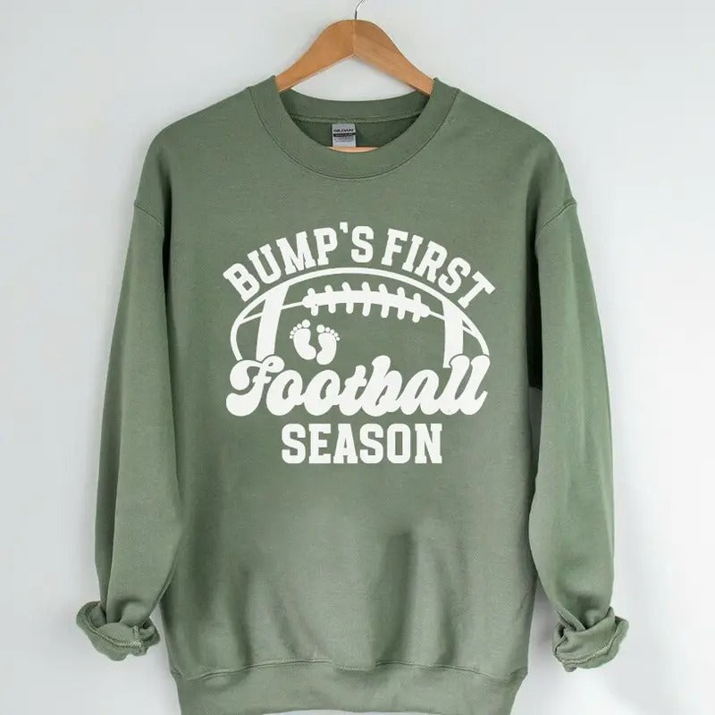 Bump's First Football Season Shirt, Football Pregnancy Announcement Maternity Tee Hoodie, Sweatshirt | HypeDripTees.com