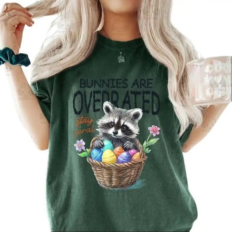 Bunnies Are Overrated Stay Feral T-shirt, Easter Raccoon Shirt, Funny Egg and Bunny Ears, Funny Raccoon Shirt, Funny...