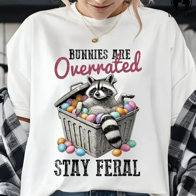 Bunnies Are Overrated Stay Feral T-shirt,Raccoon Easter Graphic Tee,Feral Easter,Funny T-shirt,Retro Easter...