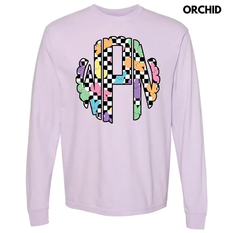 Bunny Checkered Monogram Long Sleeve Comfort Colors T-Shirt 'NLB' Hoodie, Sweatshirt | HypeDripTees.com