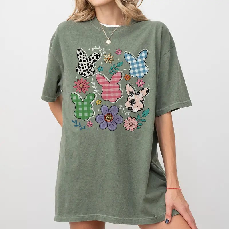 Bunny Easter Shirt, Cute Spring Bunny Tee, Floral Easter Outfit, Pastel Plaid Rabbit Shirt, Holiday Graphic Tee for Women...