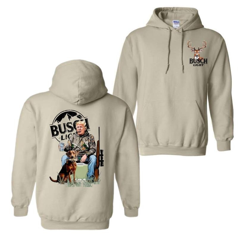 Busch Light Hoodie T-Shirt, Donald Trump with Hunting Dog and Beer Graphic, Perfect for Hunters and Busch Light Fans,...
