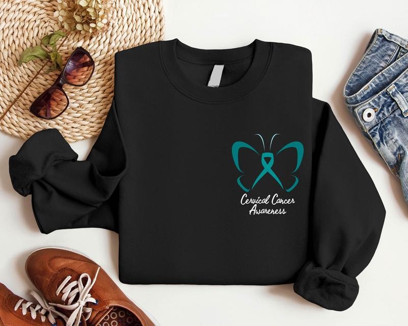 Butterfly Cervical Cancer Sweatshirt, Teal Ribbon Pocket Size Hoodie, Matching Support Sweater, Survivor Gift Sweater,...